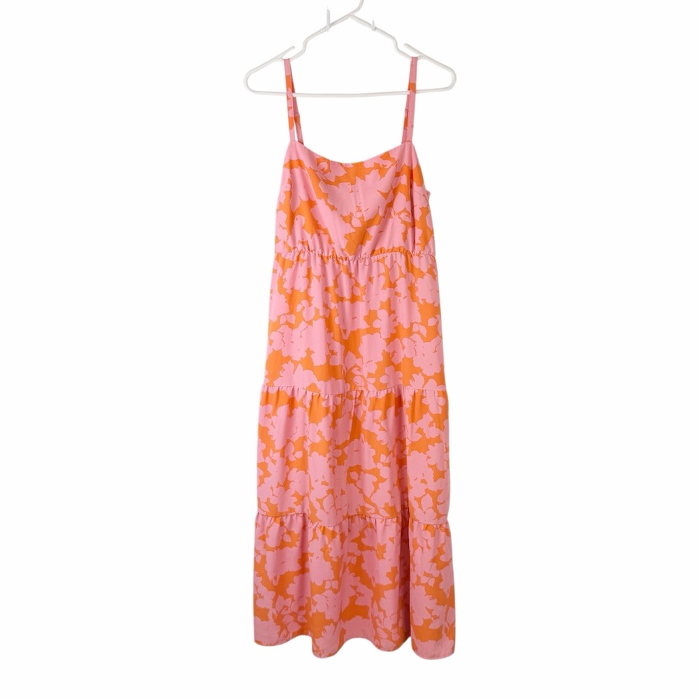 Social Standard by Sanctuary Pink Orange Floral Midi Dress L Smocked Back - Picture 4 of 11